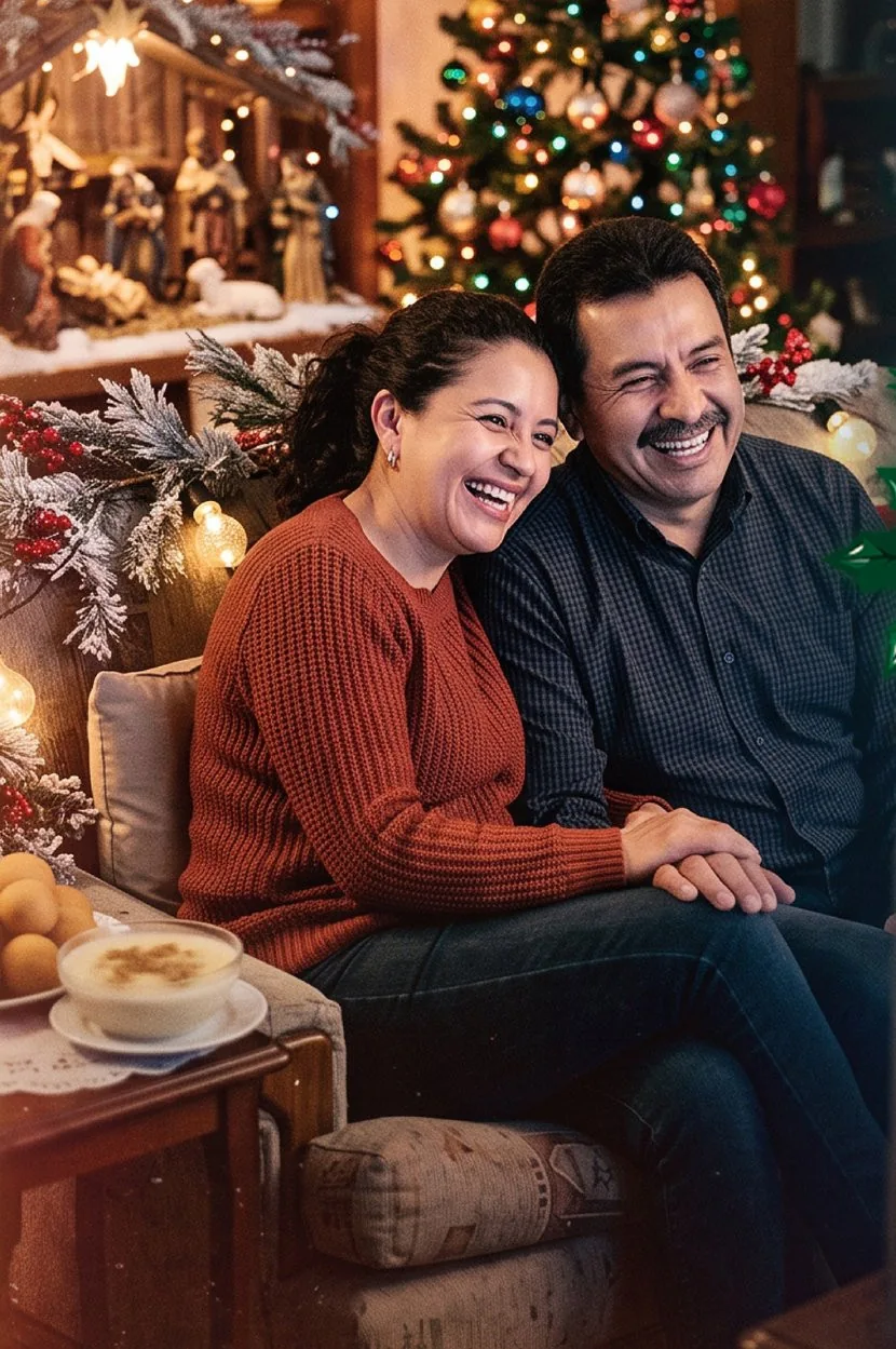 Pareja colombiana riendo en su sala navideña