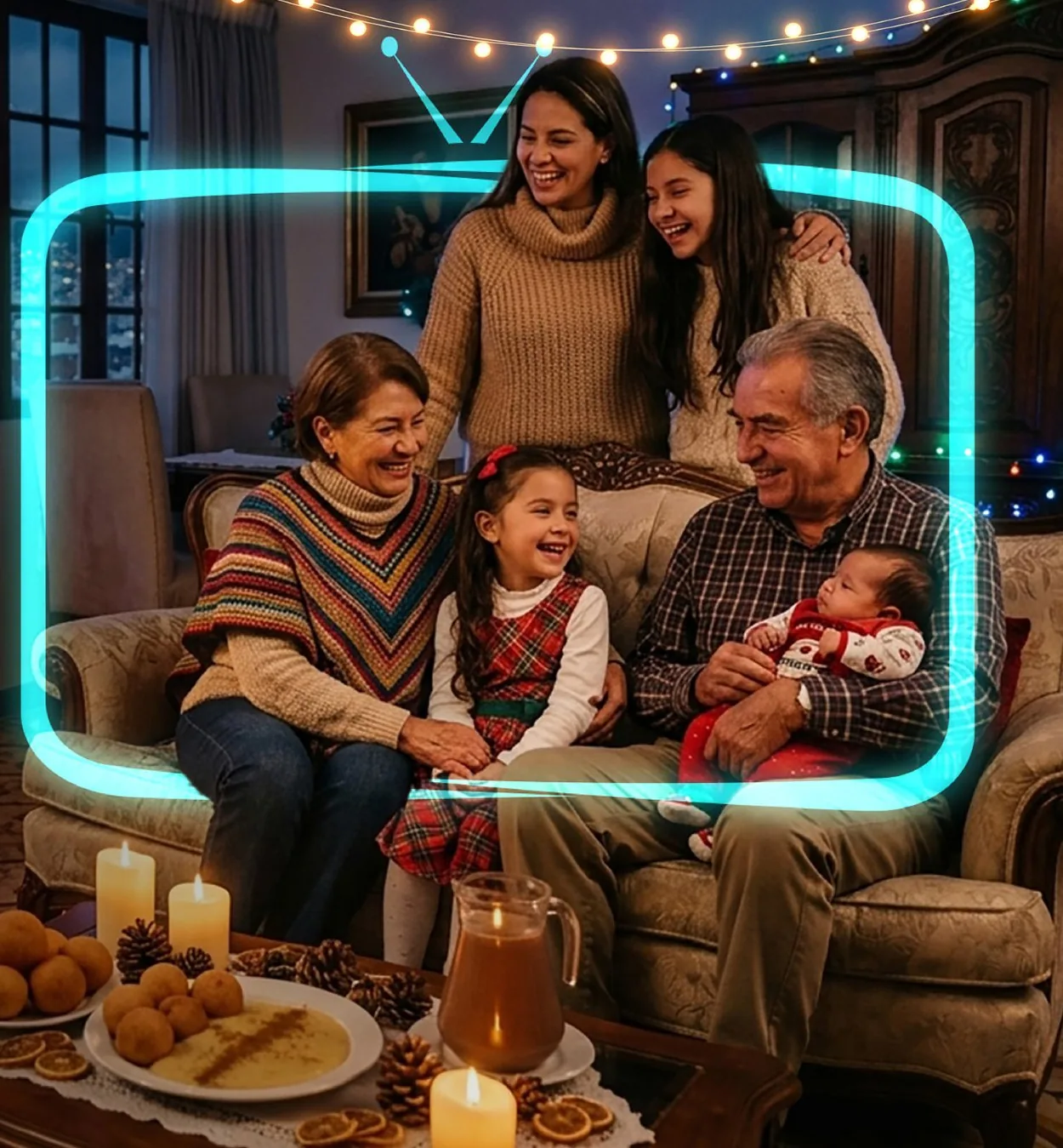 Familia colombiana reunida en la sala en Navidad, dentro del marco de pantalla de la campaña
