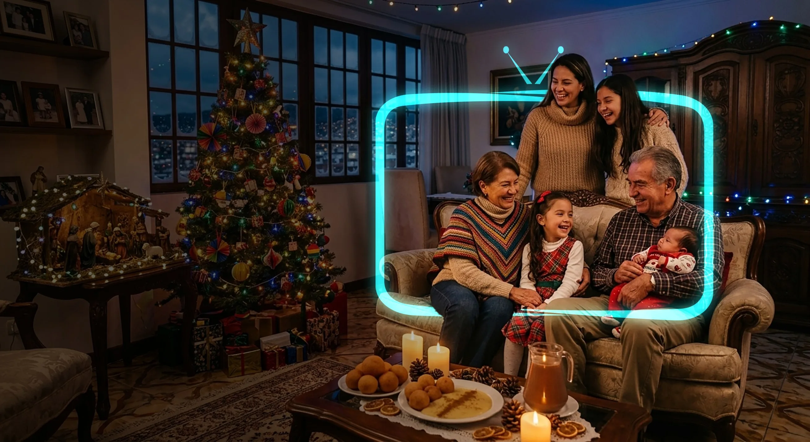Familia colombiana reunida en la sala en Navidad, enmarcada por una pantalla de luz turquesa.